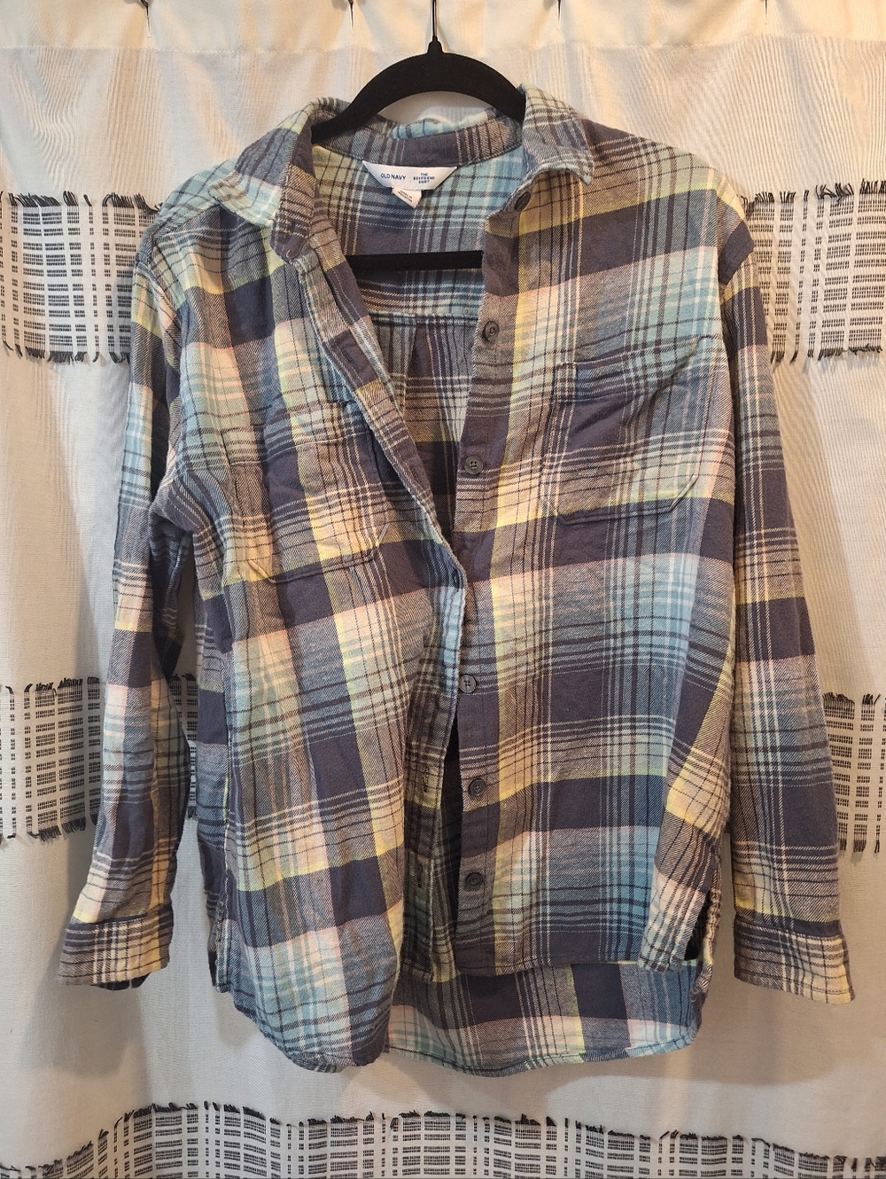 Old Navy Plaid Button-Down Shirt in Blue, Cream, Yellow
